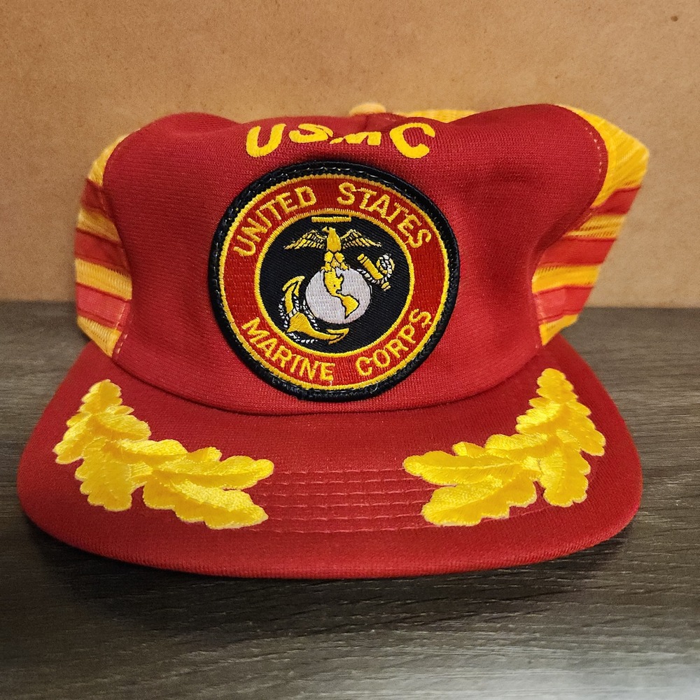 Vintage USMC Marine Corps Trucker Hat Haband Red Yellow Scrambled Eggs Snapback